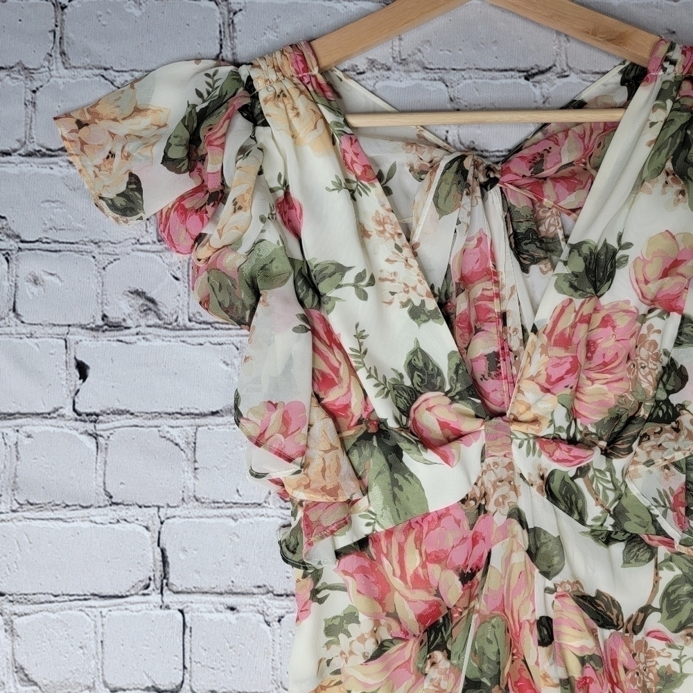 Divine Heritage Twist Back Midi Dress In Ivory Peach Pink Floral Print Size S‎ - Picture 5 of 14